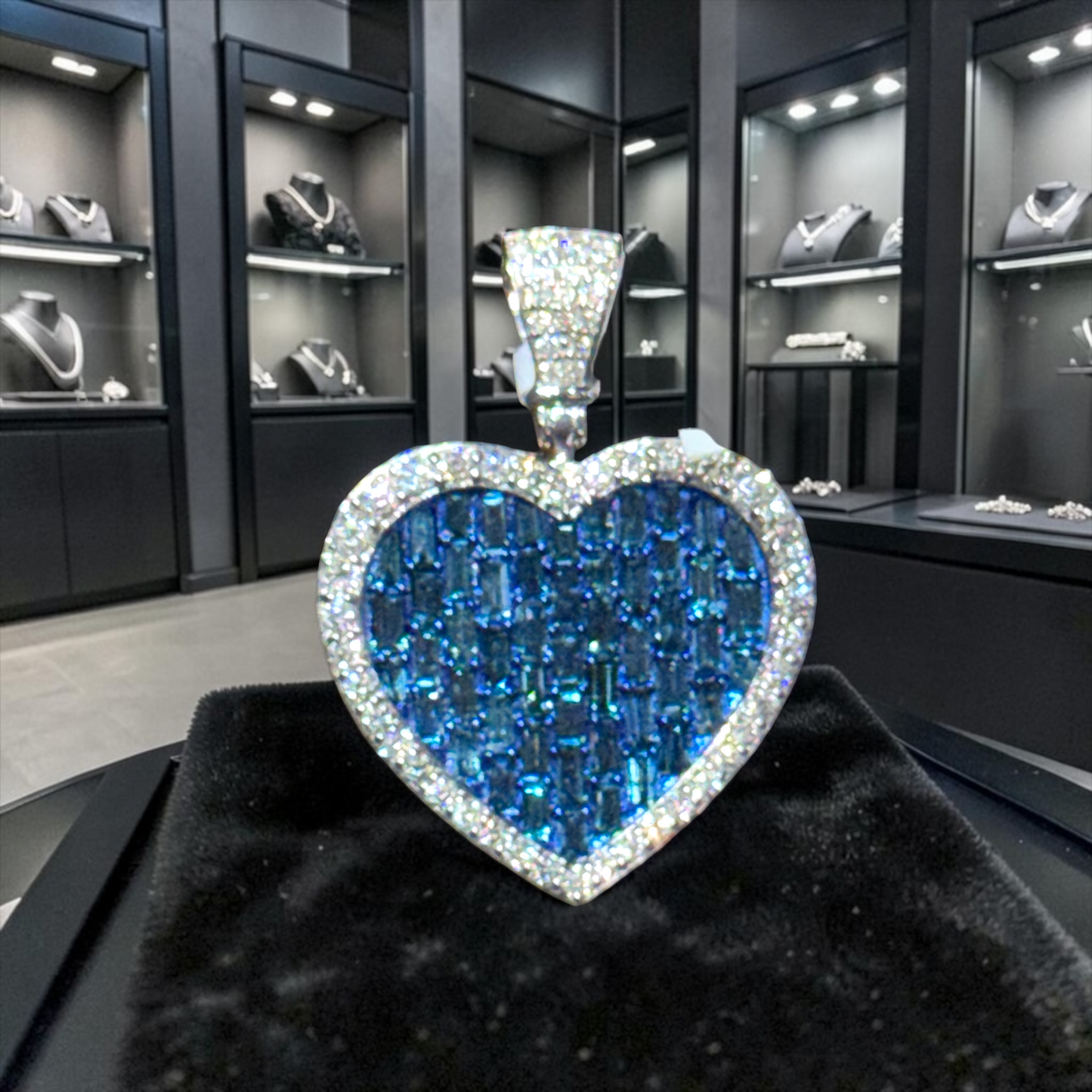 14K White Gold Blue Baguette Diamond Heart Pendant – 2.26 CT