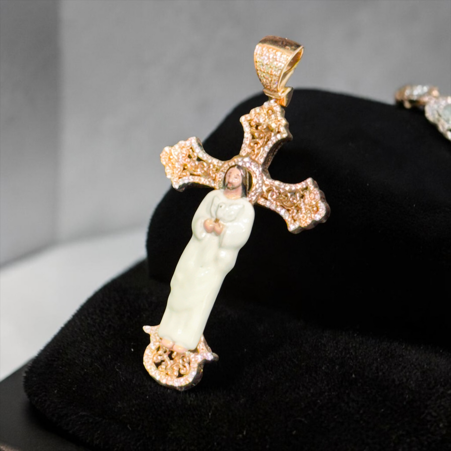 14K Gold 1.45” Enamel Jesus Cross Pendant with Natural Diamond Accents – Available in Yellow, White & Rose Gold