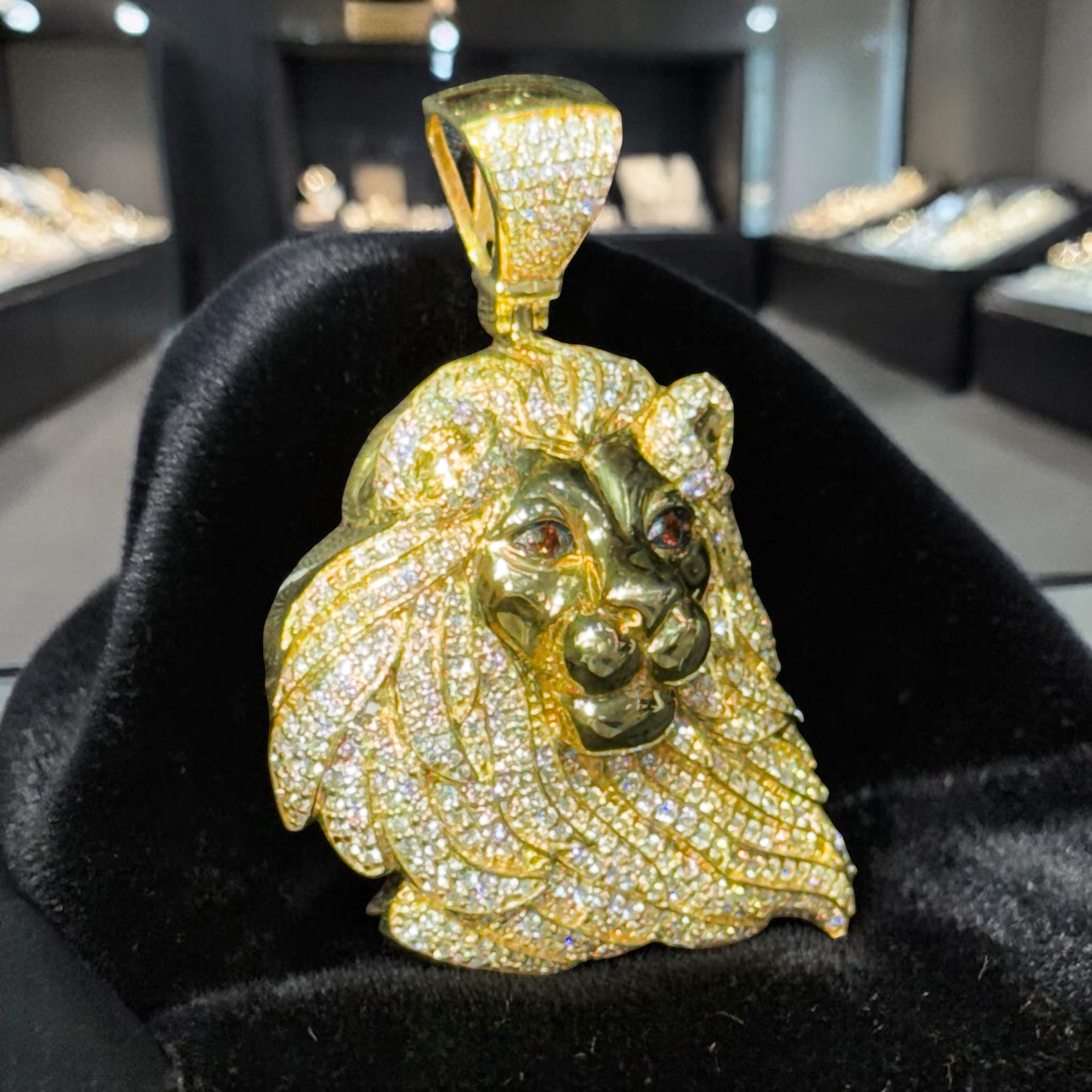 10K Gold 1.25” Lion Face Pendant with 3.15 CT Natural Diamonds & Red Diamond Eyes