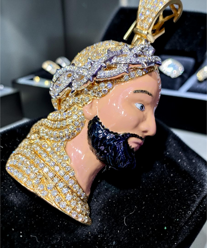 14K Yellow Gold Heavyweight Jesus Pendant – Diamond-Set Crown & Halo”