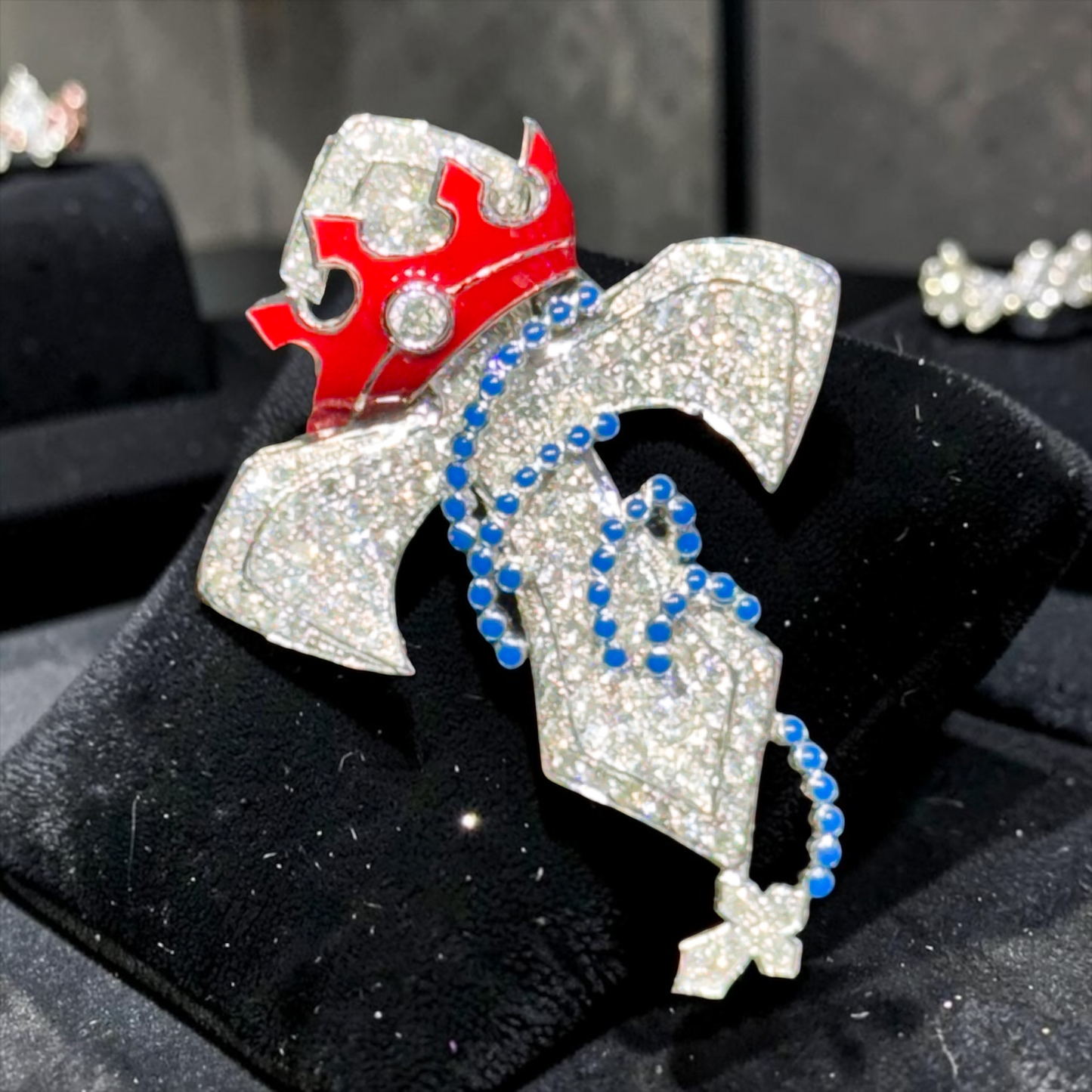 10K Gold Diamond Cross Pendant with Red Crown & Blue Bead Detailing