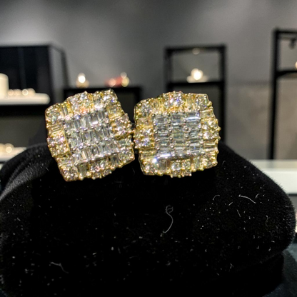 1.00ct Yellow Gold Baguette & Round Diamond Cluster Earrings – Iced Out Hip Hop Studs