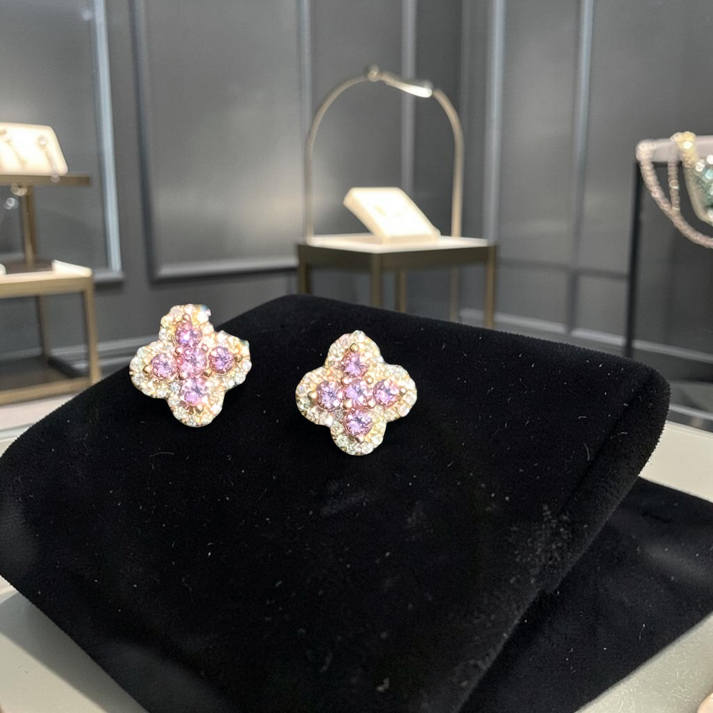 14K Yellow Gold Pink Sapphire & White Diamond Flower Cluster Earrings 0.45ct – Luxury Iced Out Studs