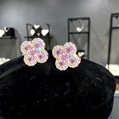 Yellow Gold Diamond & Pink Sapphire Flower Earrings 1.20ct – Luxury Hip Hop Cluster Studs