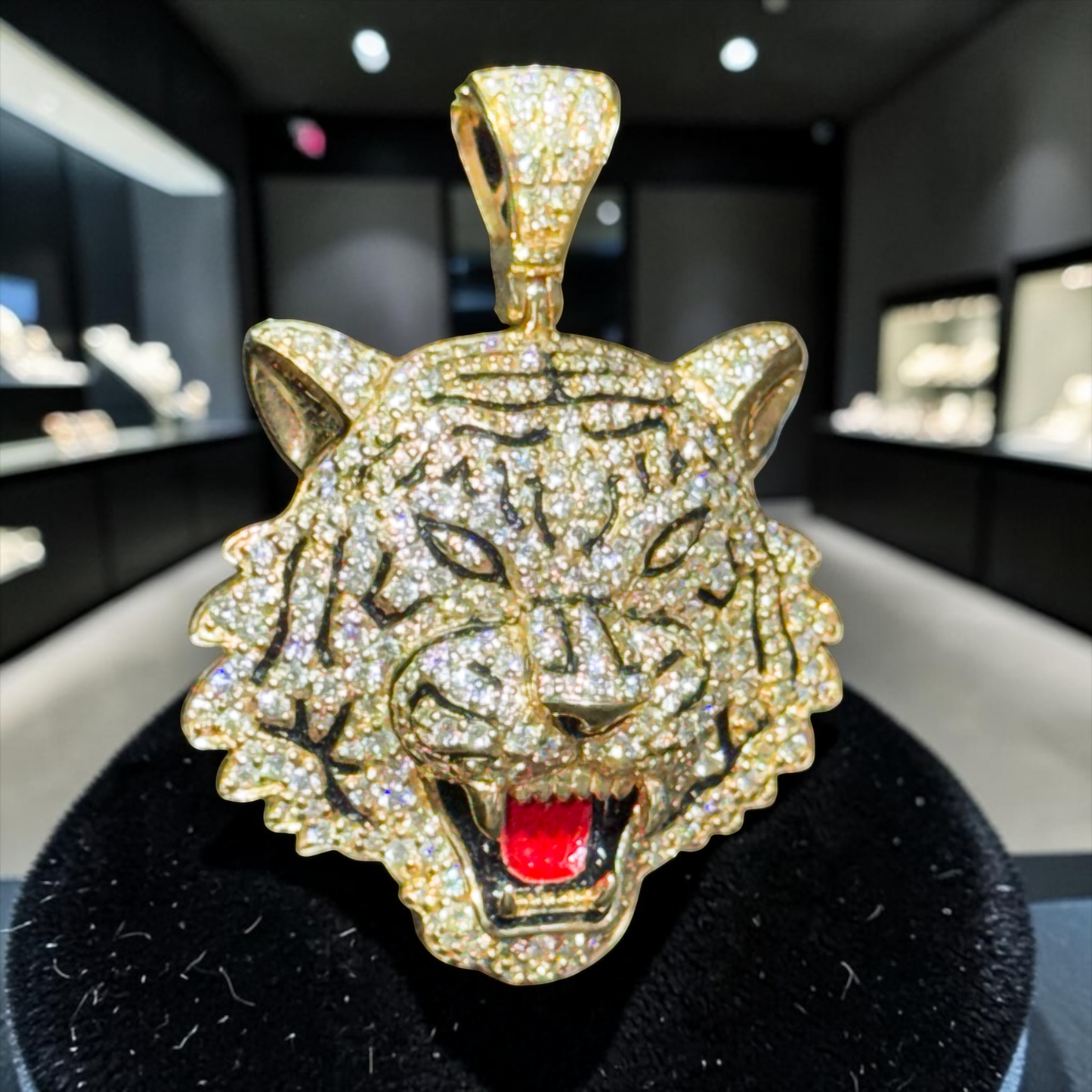 10K Gold 1.25” Tiger Face Pendant with Natural Diamonds & Red Enamel Tongue