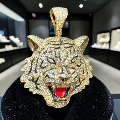 10K Gold 1.25” Tiger Face Pendant with Natural Diamonds & Red Enamel Tongue