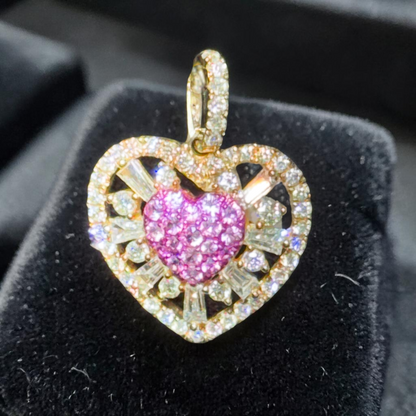 14K Yellow Gold .65” Heart Pendant with 0.90 CT Mosaic Pink Sapphire Center, Natural Round Diamonds & Baguette Accents