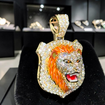10K Gold 1” 3D Lion Face Pendant with 4.05 CT Natural Diamonds & Enamel Detail
