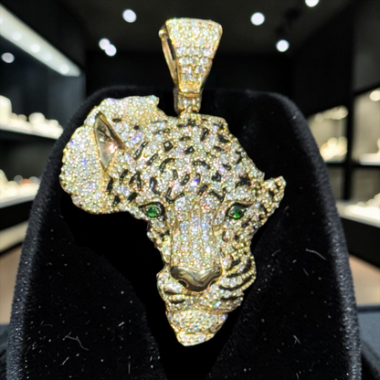 10K Gold 1.25” Africa Cheetah Face Pendant with 2.30 CT Natural Diamonds, Black Enamel & Green Diamond Eyes