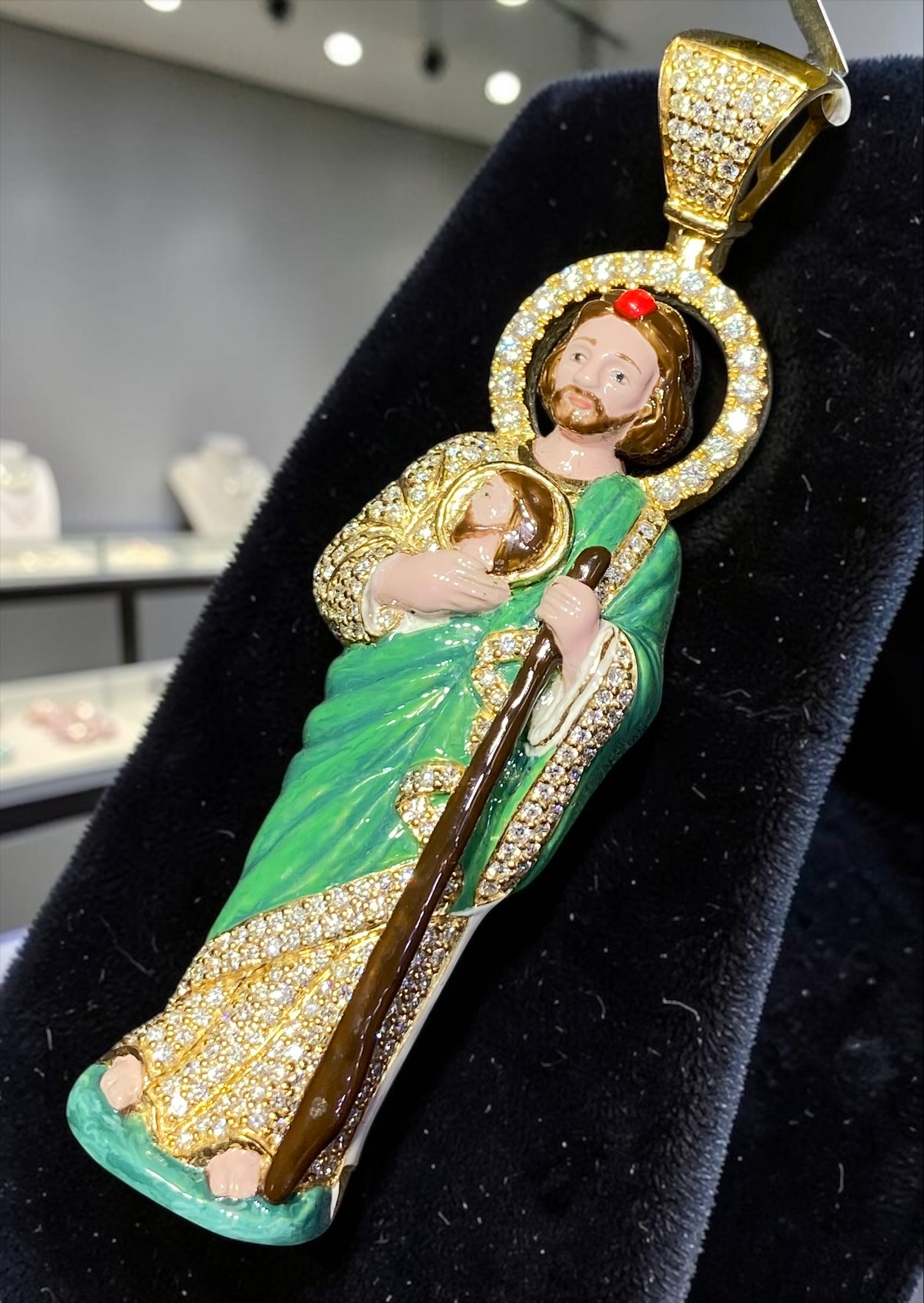 2” Heavy 10K Yellow Gold Diamond Jesus Pendant – Hand-Finished Enamel