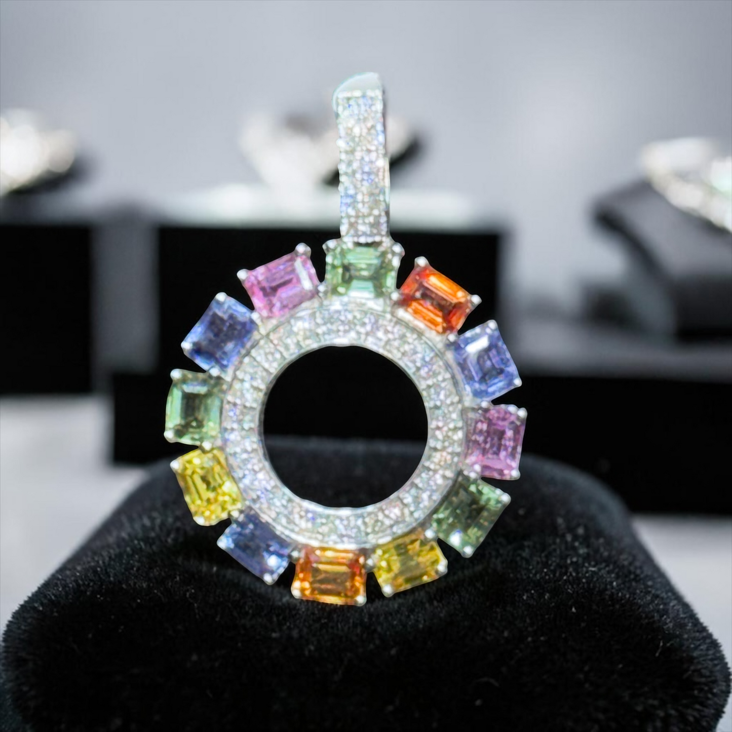 14K Yellow Gold .35” Butterfly Pendant with Fancy Cut Blue, Green, Yellow, Pink & Orange Gemstones and Natural Diamond Center
