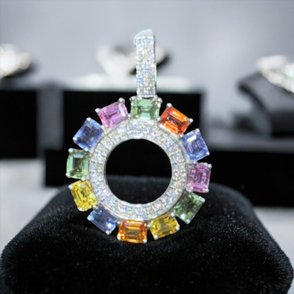 14K Yellow Gold .35” Butterfly Pendant with Fancy Cut Blue, Green, Yellow, Pink & Orange Gemstones and Natural Diamond Center