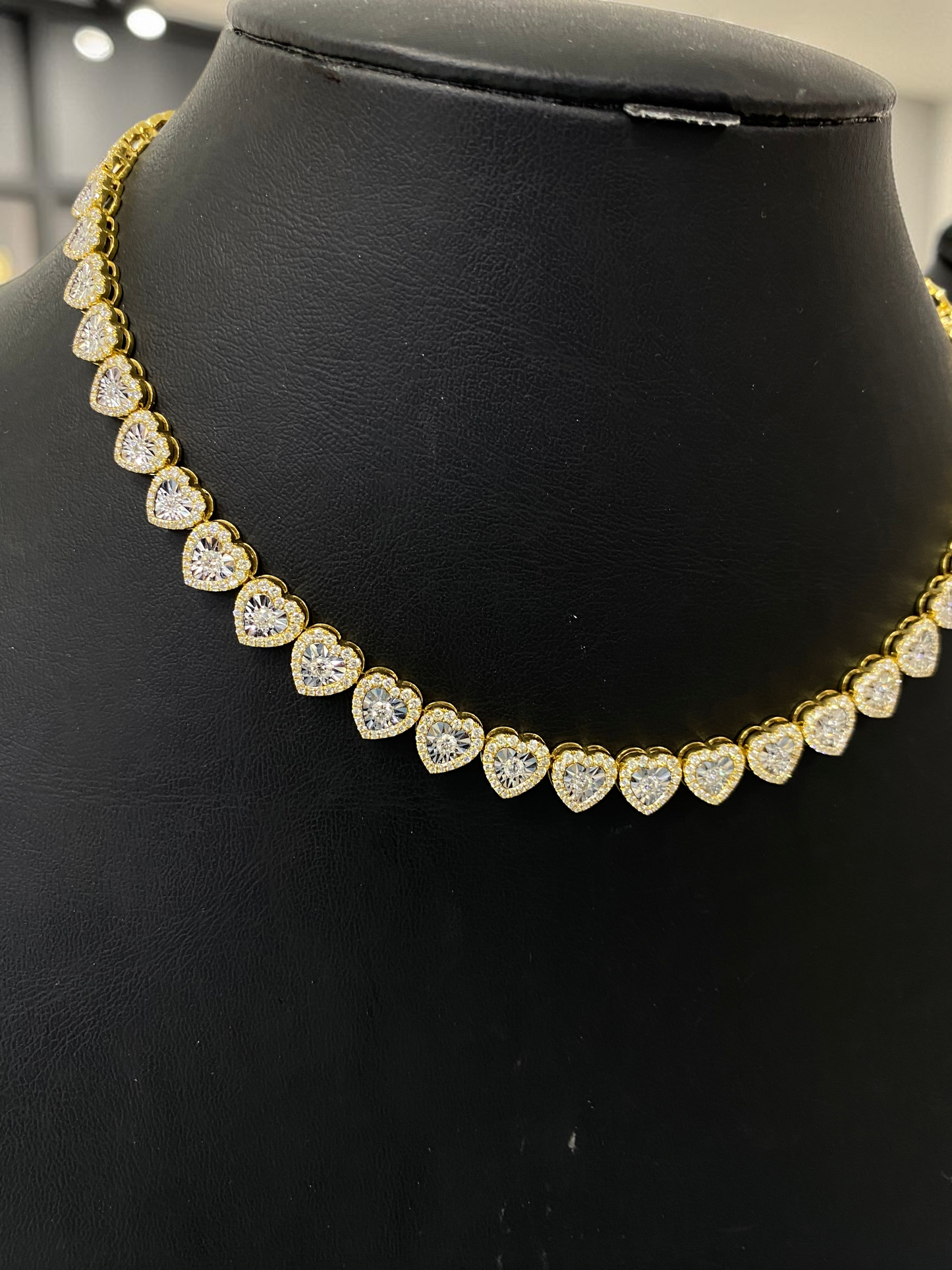 10K Yellow Gold Heart Diamond Tennis Necklace – 7.00 Carats Natural Diamonds | 17”