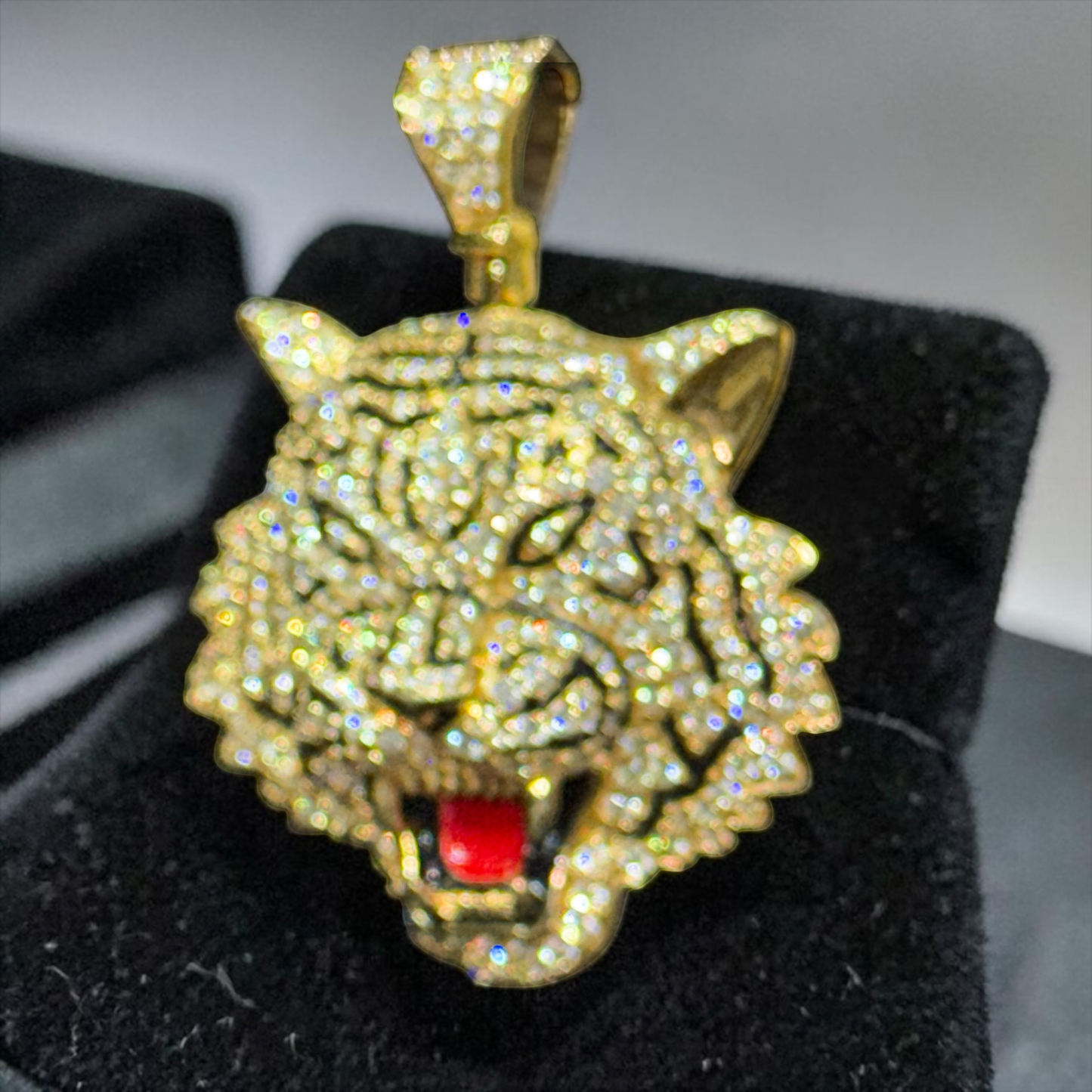 10K Gold 1.25” Tiger Face Pendant with Natural Diamonds & Red Enamel Tongue