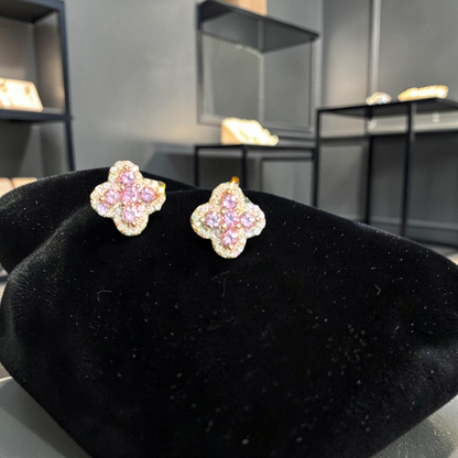 14K Yellow Gold Pink Sapphire & White Diamond Flower Cluster Earrings 0.45ct – Luxury Iced Out Studs