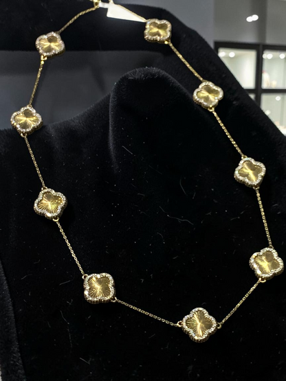 14K Yellow Gold Diamond Clover Station Necklace | Luxury Designer Style
