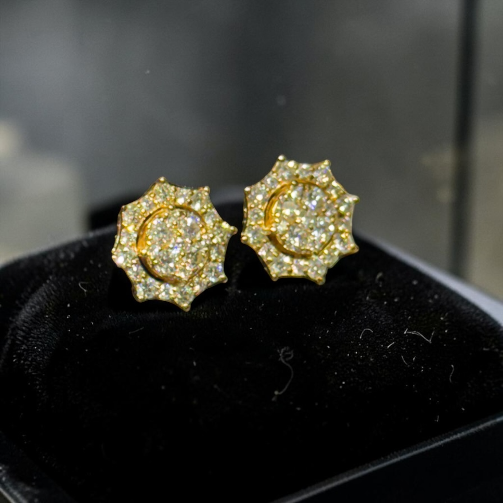 0.90ct Yellow Gold Starburst Diamond Earrings – Custom Hip Hop Cluster Studs