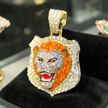 10K Gold 1” 3D Lion Face Pendant with 4.05 CT Natural Diamonds & Enamel Detail