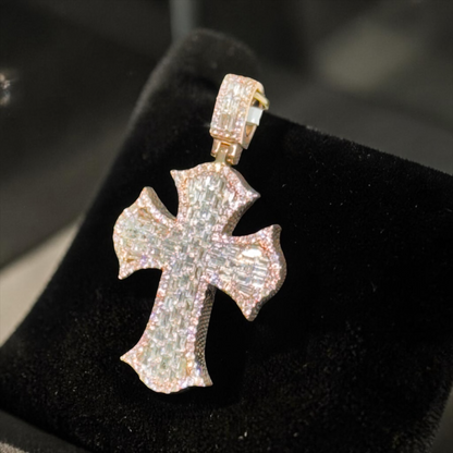14K Rose Gold Baguette& Round Diamond Cross Pendant – 1.80 CT
