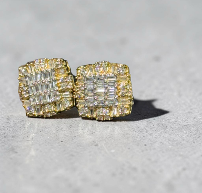 1.00ct Yellow Gold Baguette & Round Diamond Cluster Earrings – Iced Out Hip Hop Studs