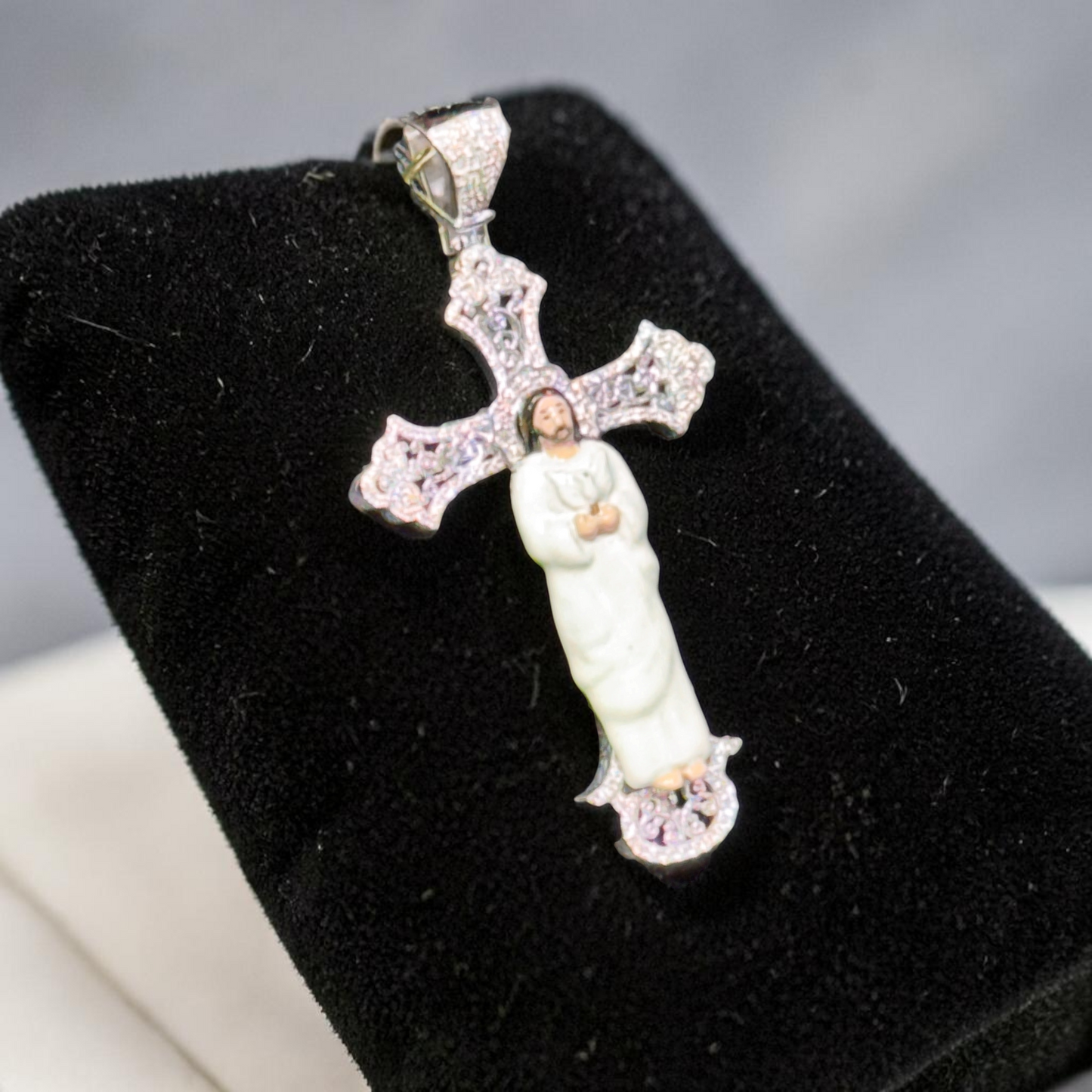14K Gold 1.45” Enamel Jesus Cross Pendant with Natural Diamond Accents – Available in Yellow, White & Rose Gold