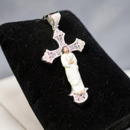 14K Gold 1.45” Enamel Jesus Cross Pendant with Natural Diamond Accents – Available in Yellow, White & Rose Gold