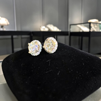 Round Cluster Diamond Halo Earrings – 10K Yellow Gold Iced Out Studs