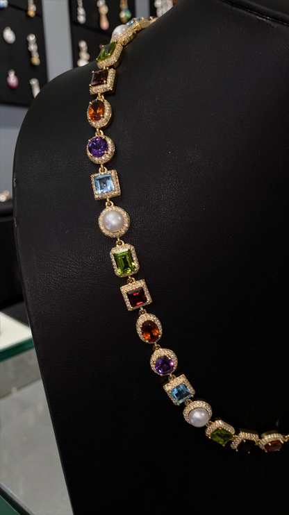 22” Luxury Multi-Gemstone Diamond Necklace in 14K Solid Gold