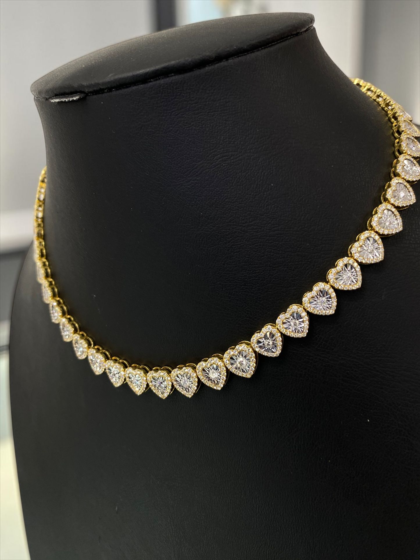 10K Yellow Gold Heart Diamond Tennis Necklace – 7.00 Carats Natural Diamonds | 17”