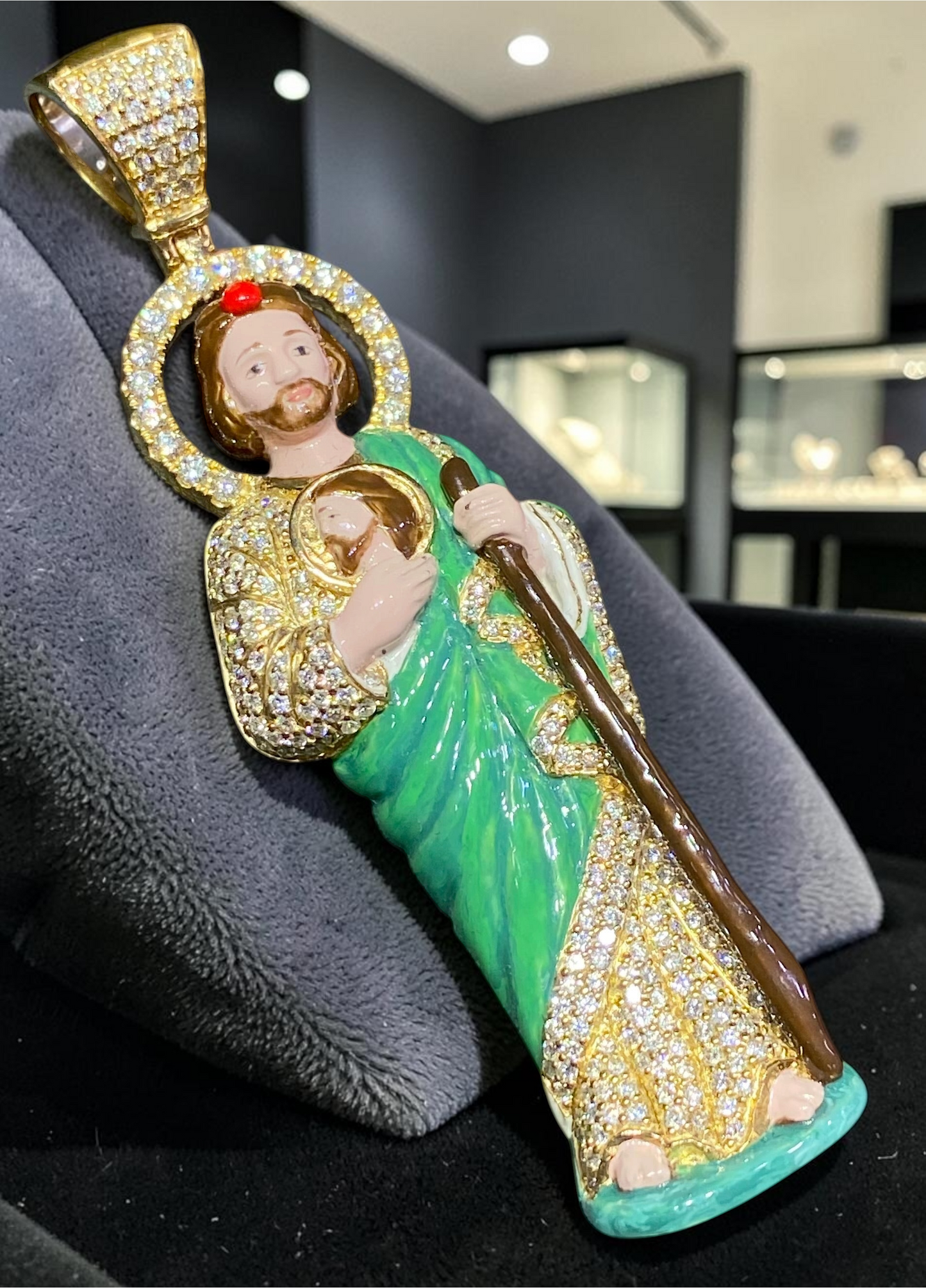 1.5” Heavy 10K Yellow Gold Diamond Jesus Pendant – Hand-Finished Enamel