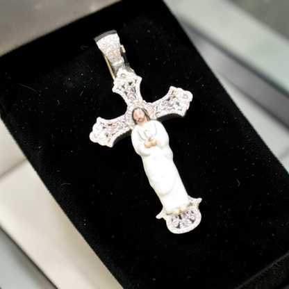 14K Gold 1.45” Enamel Jesus Cross Pendant with Natural Diamond Accents – Available in Yellow, White & Rose Gold