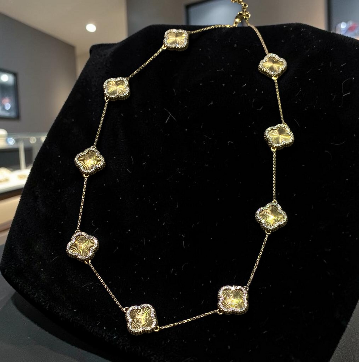 14K Yellow Gold Diamond Clover Station Necklace | Luxury Designer Style