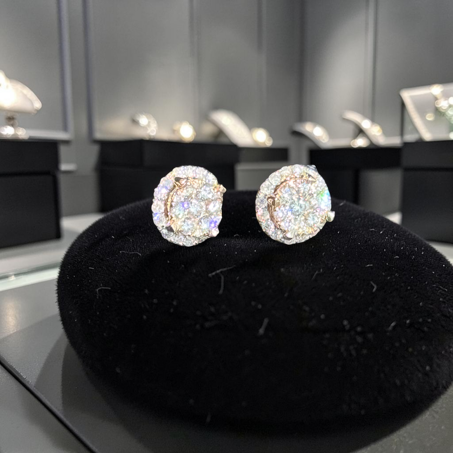 Round Cluster Diamond Halo Earrings – 10K Yellow Gold Iced Out Studs