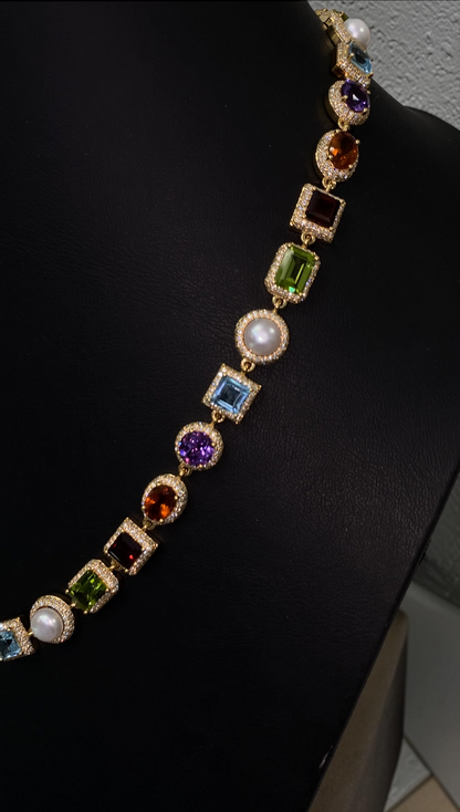 22” Luxury Multi-Gemstone Diamond Necklace in 14K Solid Gold