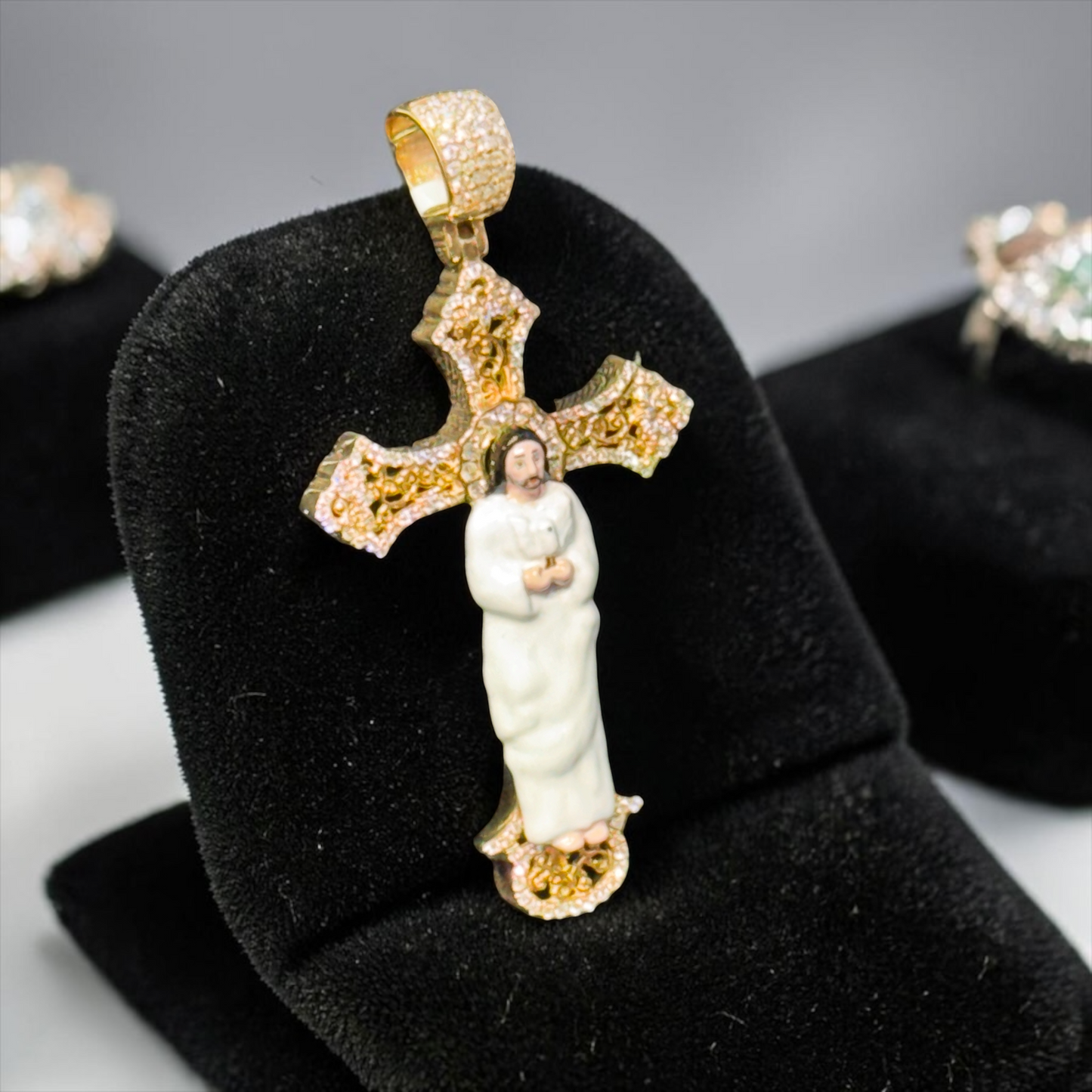 14K Gold 1.45” Enamel Jesus Cross Pendant with Natural Diamond Accents – Available in Yellow, White & Rose Gold