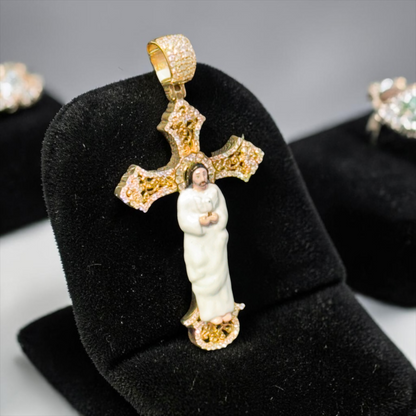14K Gold 1.45” Enamel Jesus Cross Pendant with Natural Diamond Accents – Available in Yellow, White & Rose Gold