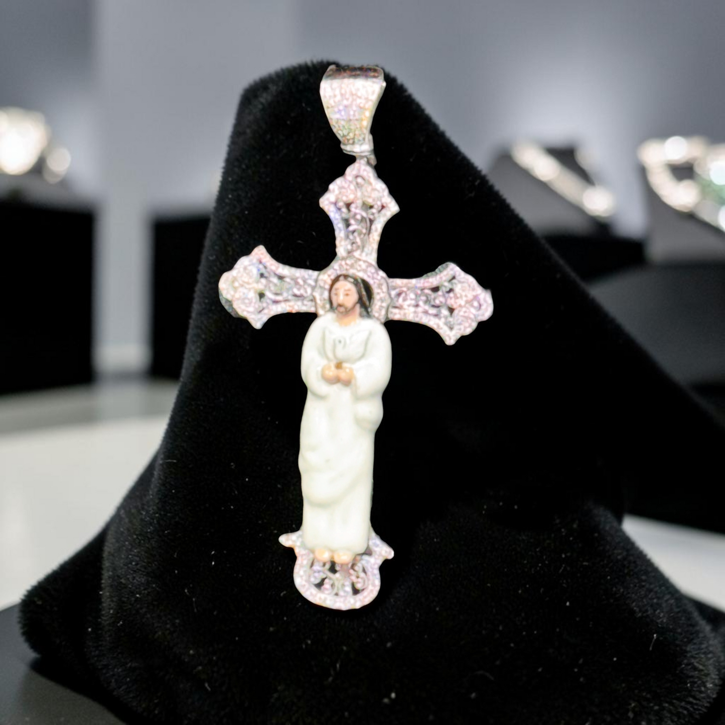 14K Gold 1.45” Enamel Jesus Cross Pendant with Natural Diamond Accents – Available in Yellow, White & Rose Gold