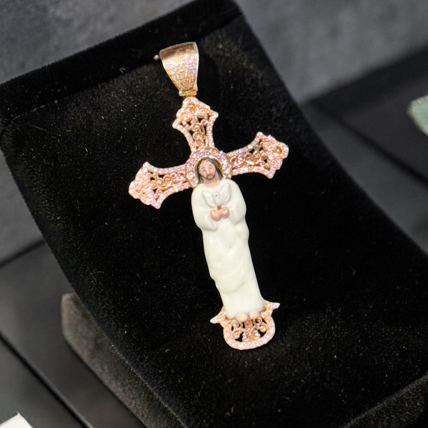 14K Gold 1.45” Enamel Jesus Cross Pendant with Natural Diamond Accents – Available in Yellow, White & Rose Gold