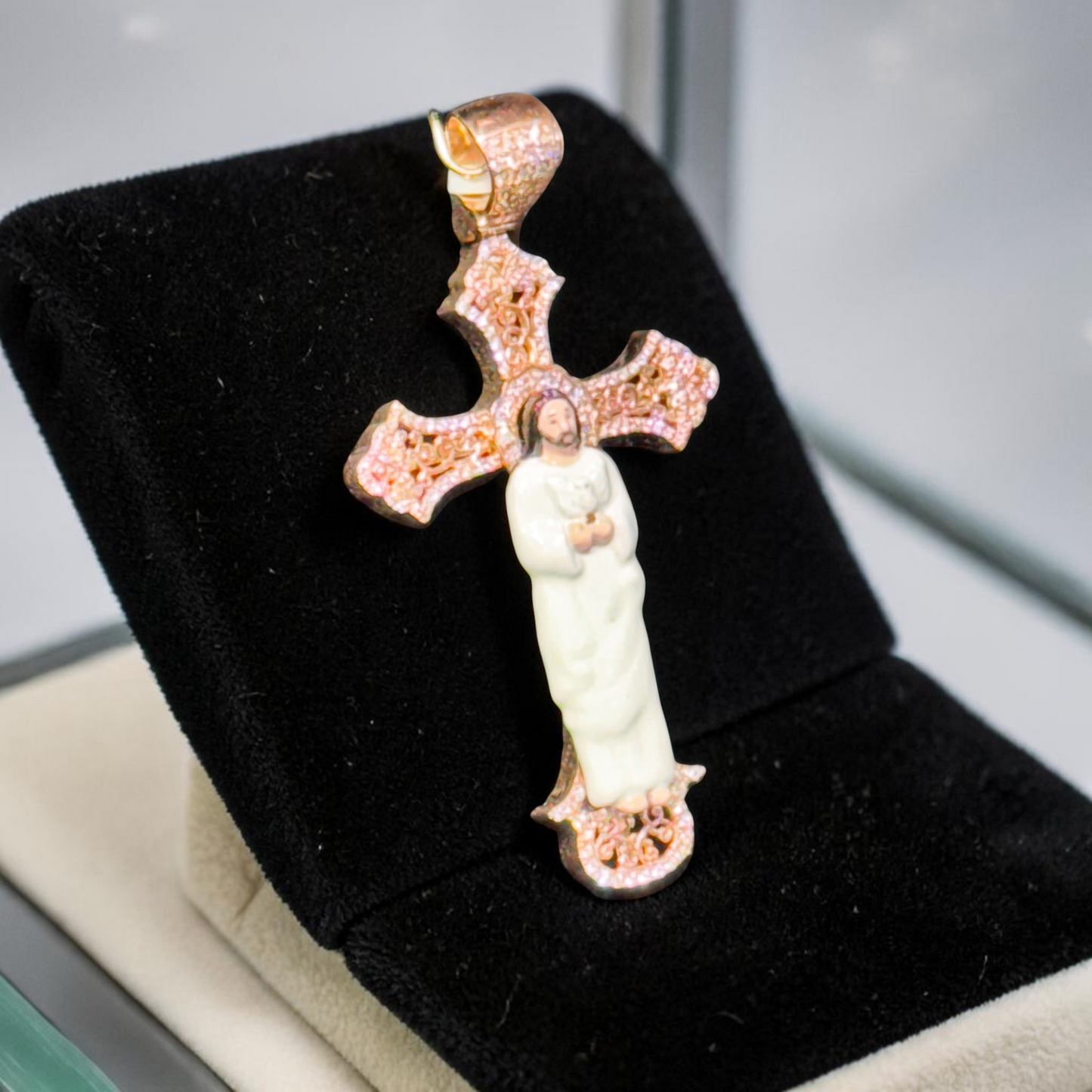 14K Gold 1.45” Enamel Jesus Cross Pendant with Natural Diamond Accents – Available in Yellow, White & Rose Gold