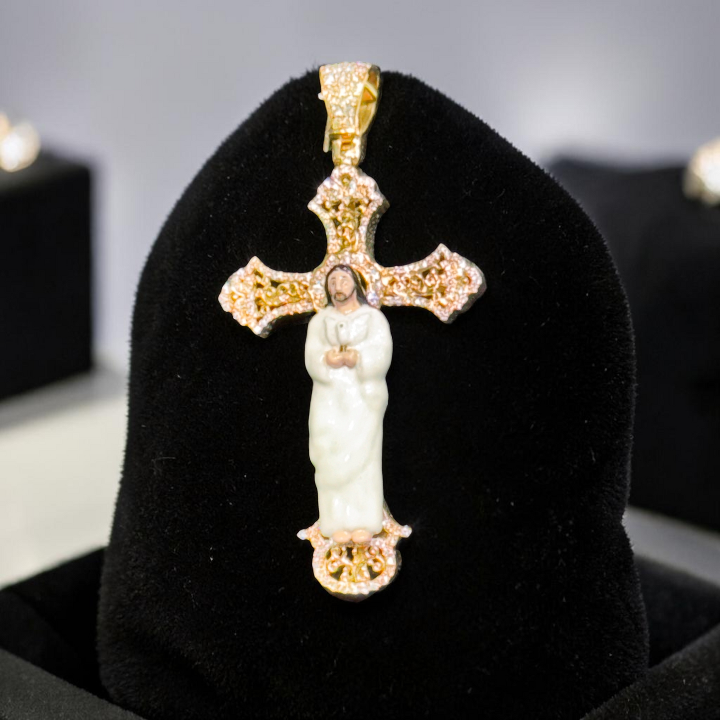 14K Gold 1.45” Enamel Jesus Cross Pendant with Natural Diamond Accents – Available in Yellow, White & Rose Gold