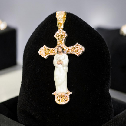 14K Gold 1.45” Enamel Jesus Cross Pendant with Natural Diamond Accents – Available in Yellow, White & Rose Gold