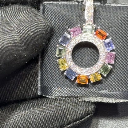 14K Yellow Gold .35” Butterfly Pendant with Fancy Cut Blue, Green, Yellow, Pink & Orange Gemstones and Natural Diamond Center