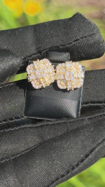 Yellow Gold Baguette & Round Diamond Grid Cluster Earrings 0.81ct– Iced Out Hip Hop Studs