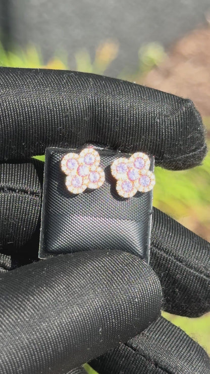 Yellow Gold Diamond & Pink Gemstone Flower Earrings 1.20ct – Luxury Hip Hop Cluster Studs