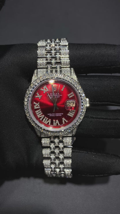 Rolex Datejust 36mm – Fully Iced Out | Diamond Roman Numeral Ruby Red Dial